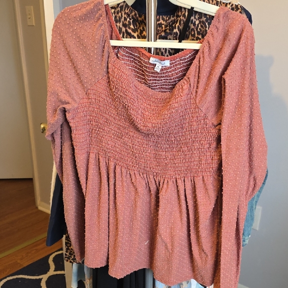 white birch Tops - White Birch Terracotta Smocked Blouse